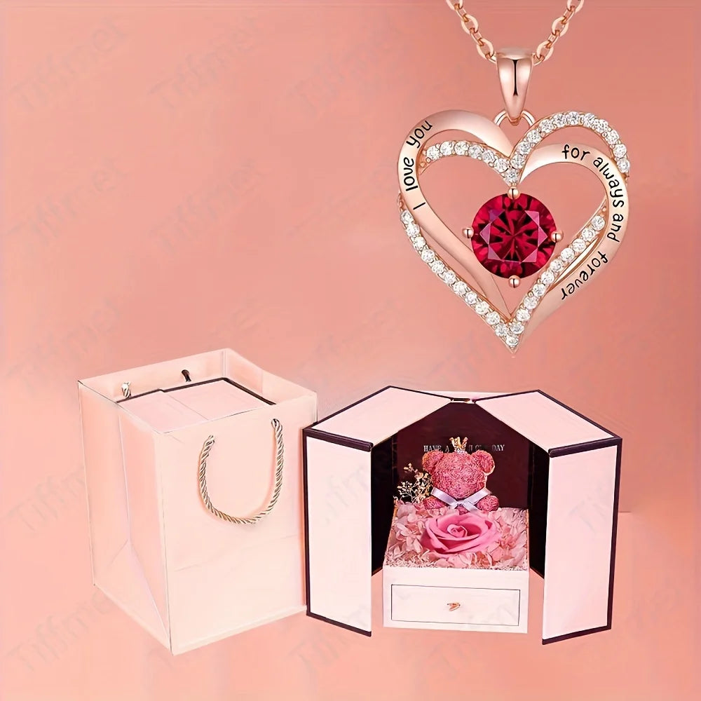 Heart Zircon Necklace with Luxury Double Door Bow Bear Rose Gift Box for Girlfriend Mom Mother Day Gift 2024 Fashion Jewelry Set