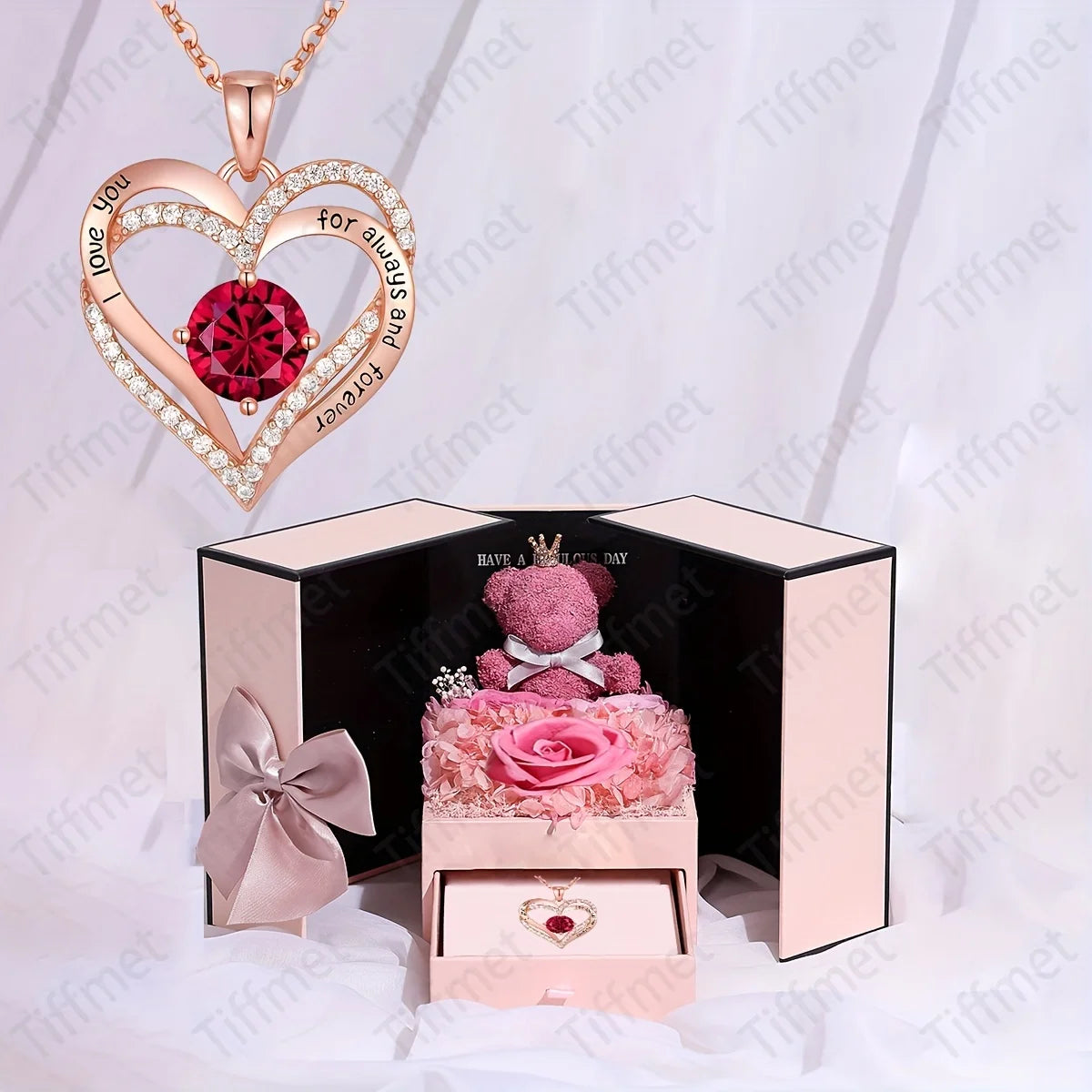 Heart Zircon Necklace with Luxury Double Door Bow Bear Rose Gift Box for Girlfriend Mom Mother Day Gift 2024 Fashion Jewelry Set